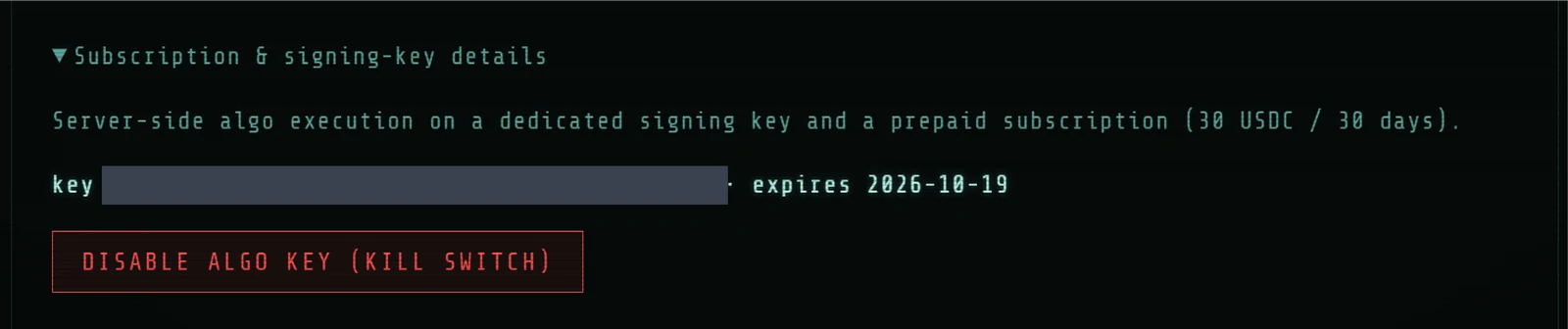 Subscription and signing-key details with the Disable Algo Key kill switch