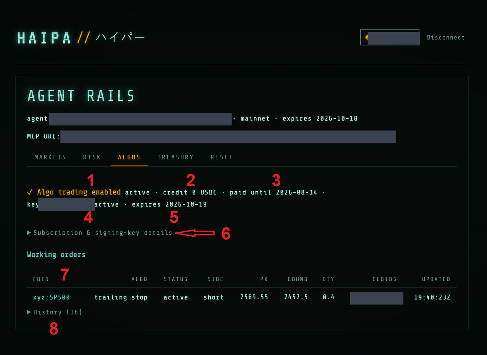 Algos tab, with numbered callouts 1–8