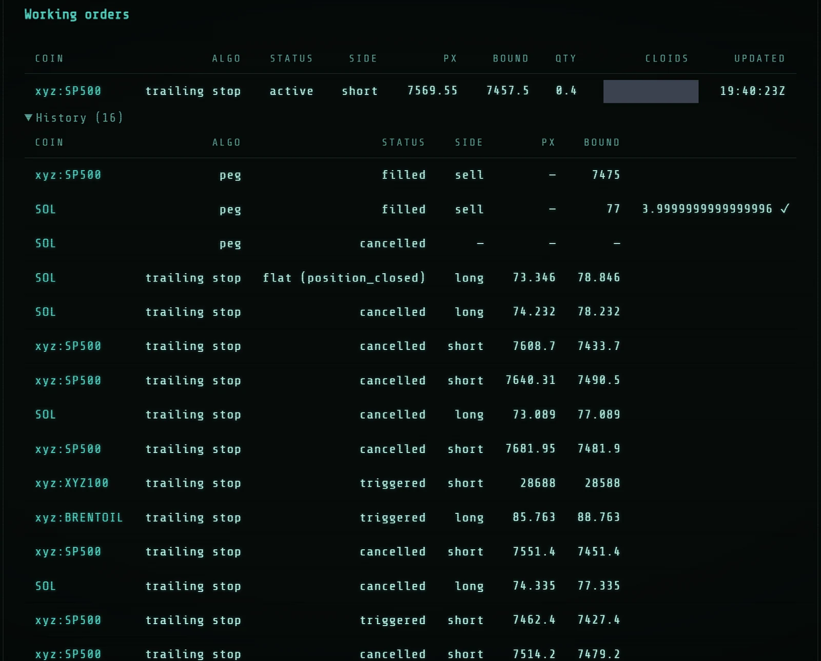 Algos tab — working orders and history