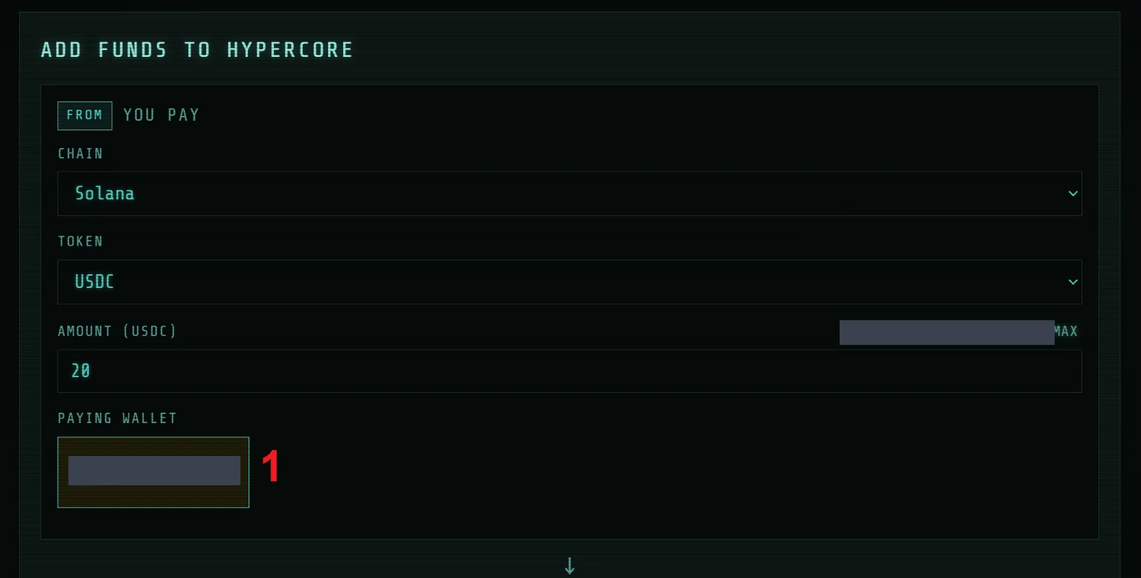 Add Funds to Hypercore — paying wallet (callout 1)