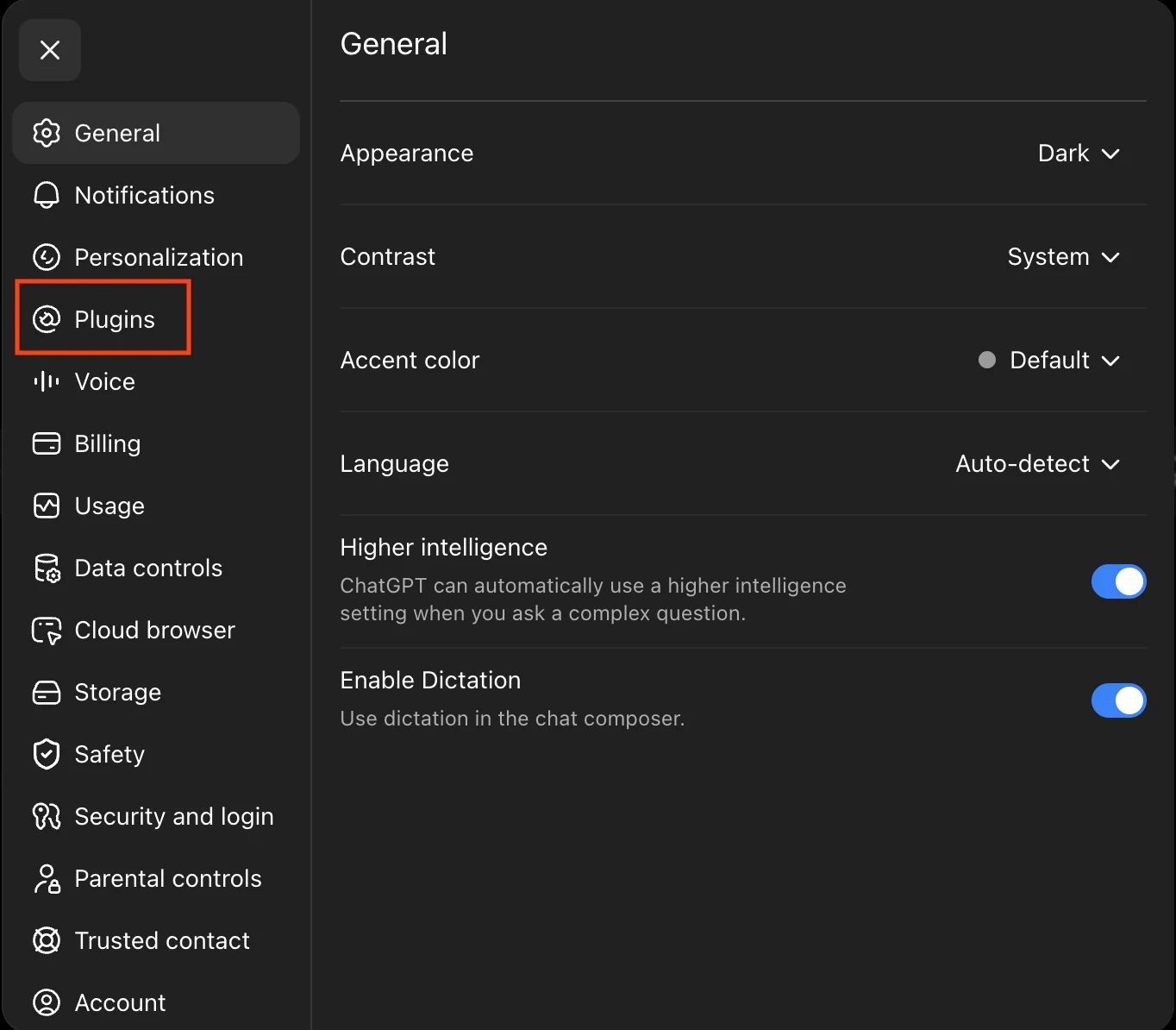 ChatGPT Settings — General tab with Plugins highlighted