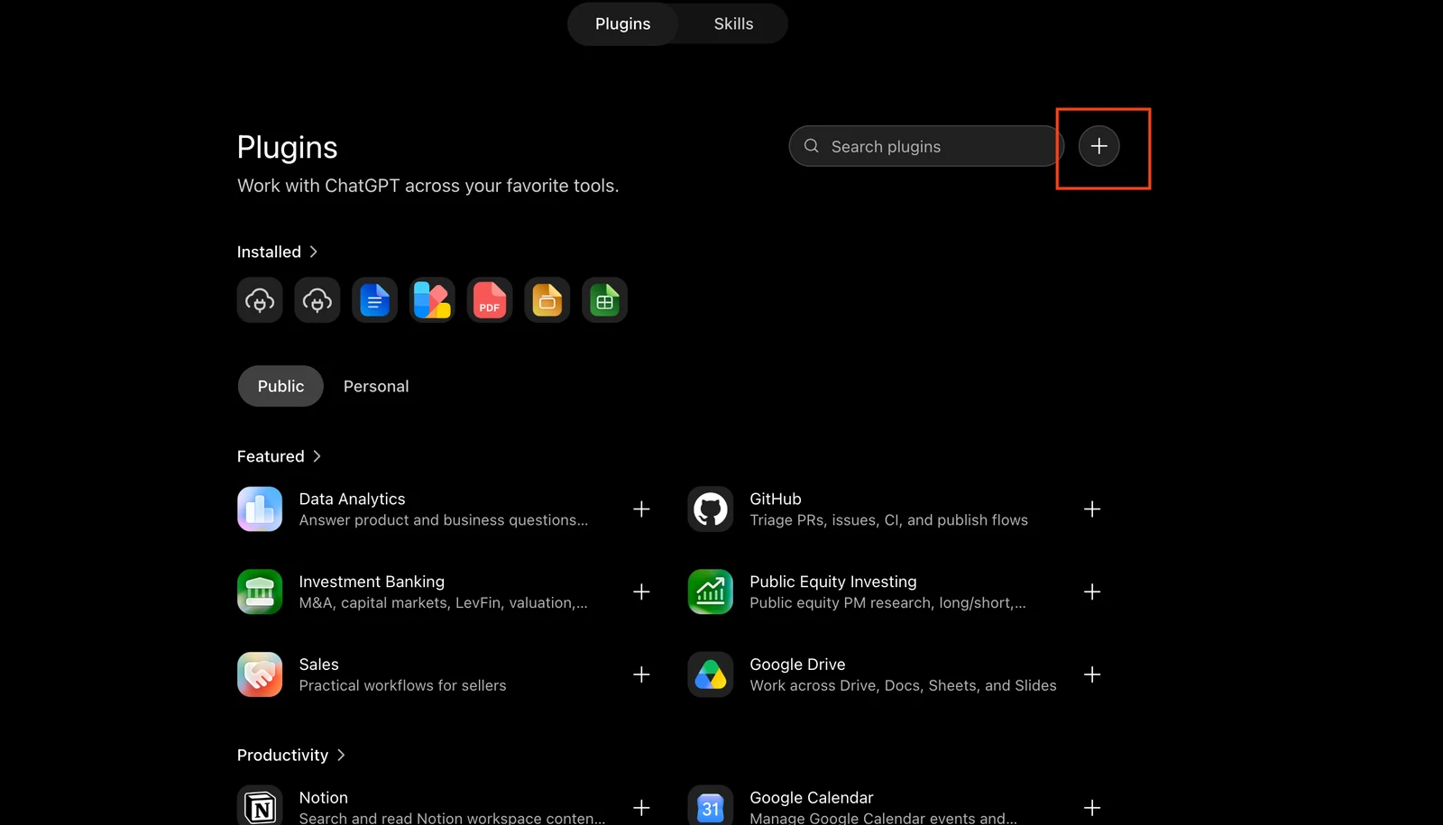 ChatGPT Plugins page with the + button highlighted