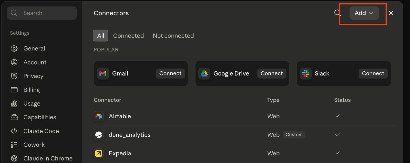 Connectors page with the Add button highlighted