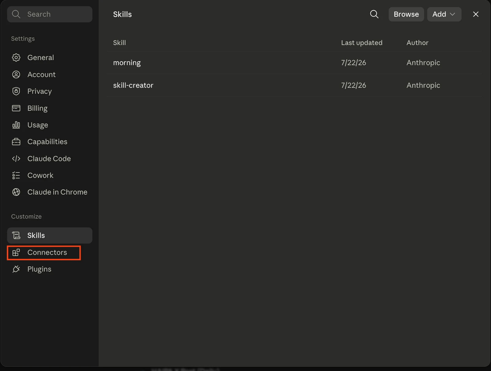 Claude Customize panel with Connectors highlighted
