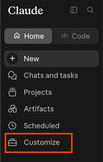 Claude sidebar with Customize highlighted