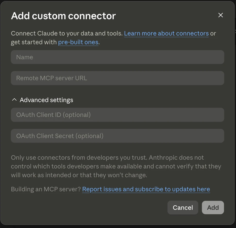 Add custom connector dialog — Name and Remote MCP server URL fields