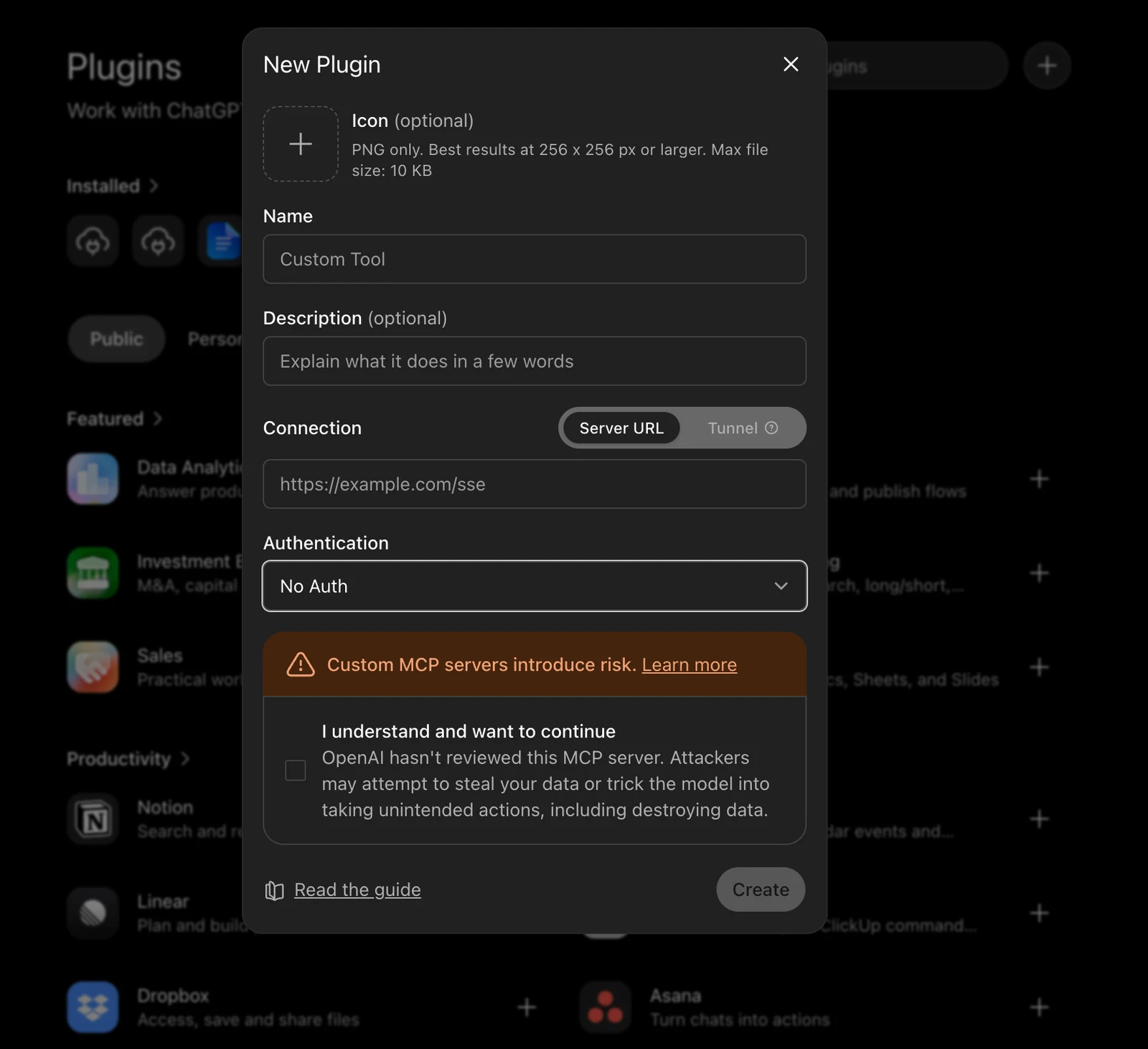 New Plugin dialog — Name, Server URL, and Authentication fields