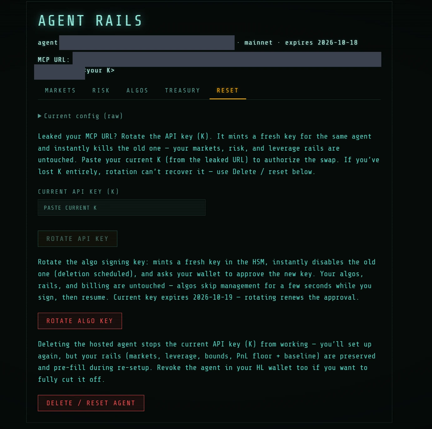 Reset tab — rotate Algo key and delete / reset agent