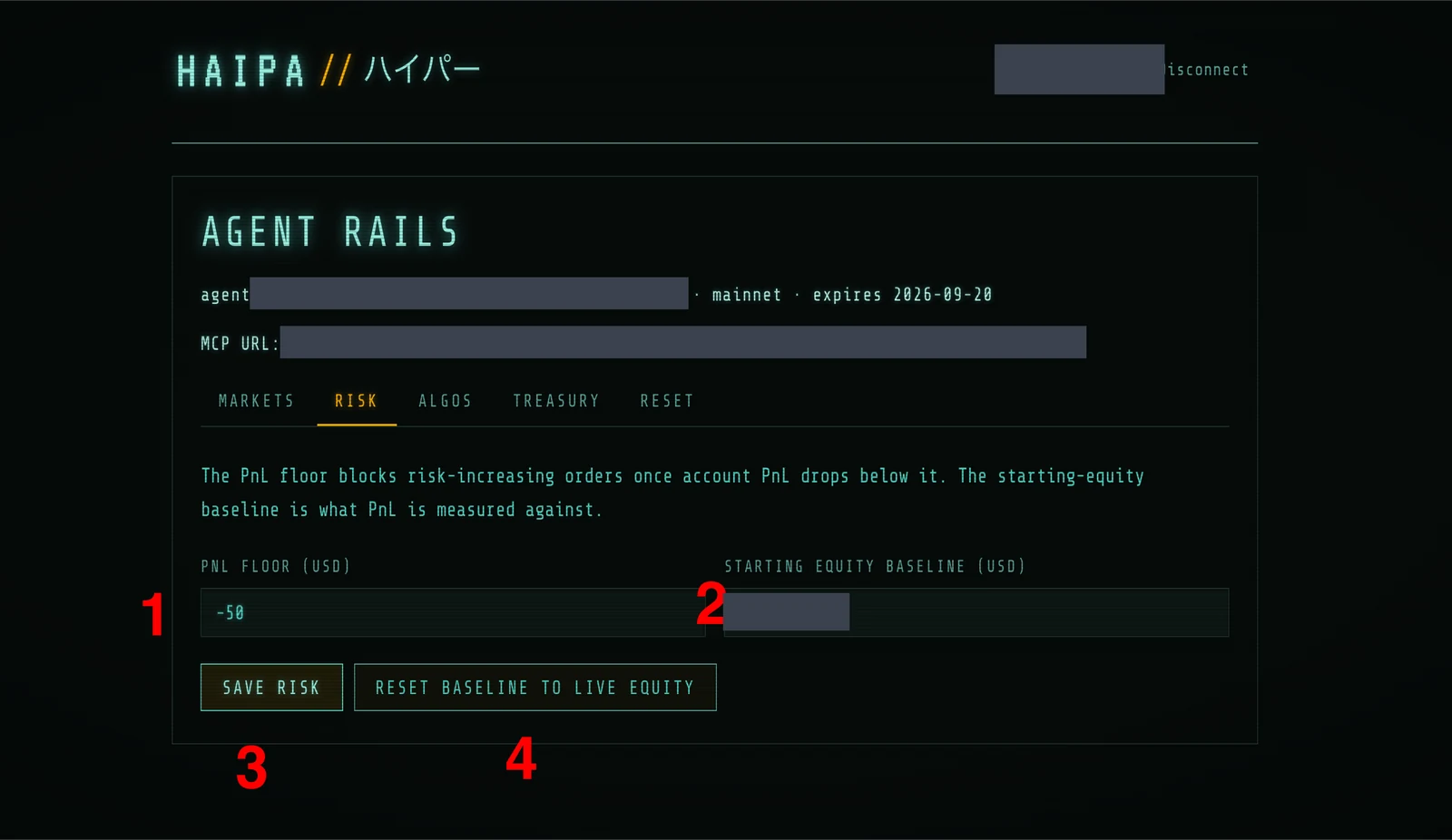 Risk tab, with numbered callouts 1–4